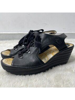 Fly London YLFA Black Leather Lace-Up Wedge Sandals Peep Toe Women's Size 38 EU